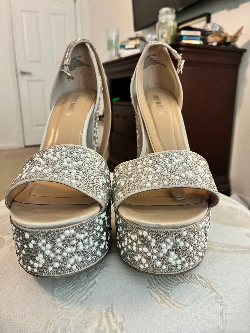 Steve Madden Ivory Pearl & Crystal Platform Heels